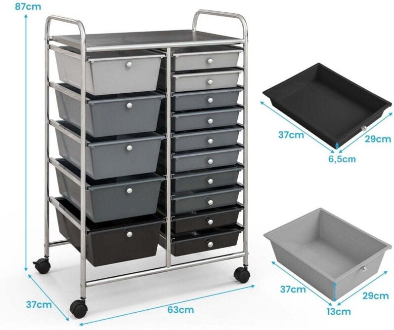 Thumbnail - Rollwagen mit 15 stapelbaren schubladen rollcontainer beistellwagen mit 15 schubladen silber 625 x 37 x 87 cm