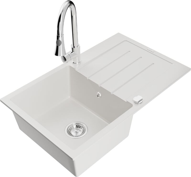 Bruno 1 Becken-Granitspüle mit Abtropffläche und Mischbatterie Elia, Weiß - 6513-20-670101-00 - Mexen