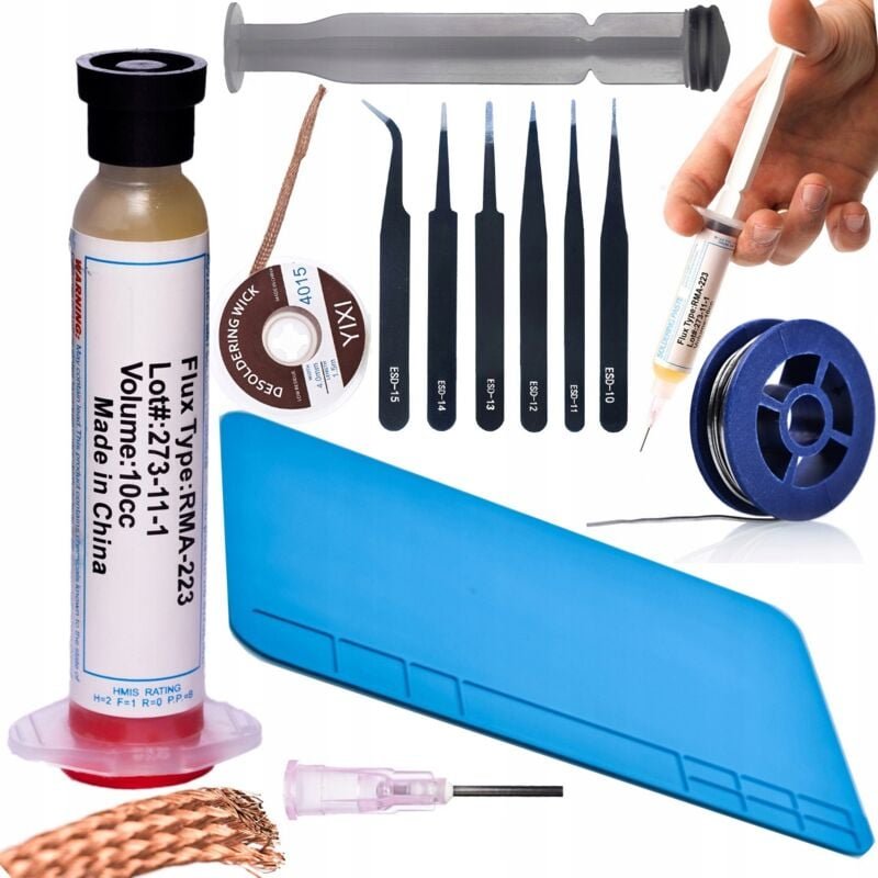 Rosfix Lötflussmittel RMA-223 mit Kolben und Nadel + Dose 0,8 mm 10 g + Matte 20 x 30 + Geflecht 3,5 mm x 1,5 m + 6 x Pi...