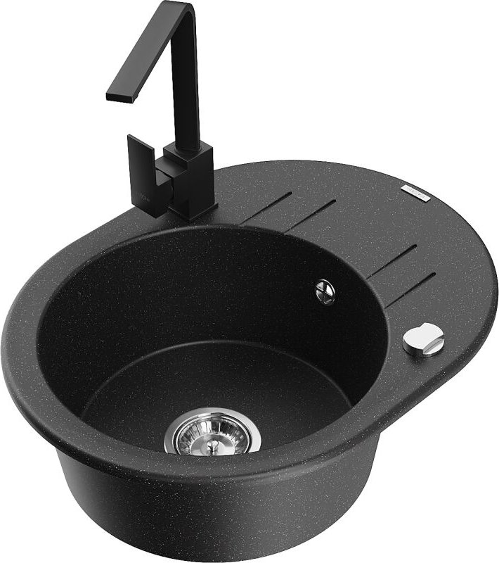 Kevin 1 Becken-Granitspüle mit Abtropffl√§che und Mischbatterie Rita, Schwarz/Gold metallisch - 6517-75-670300-70 - Mexe...