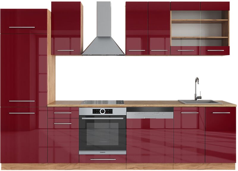 Vicco - Küchenzeile Fame-Line, Bordeaux Hochglanz/Goldkraft Eiche, 300 cm ohne Arbeitsplatte