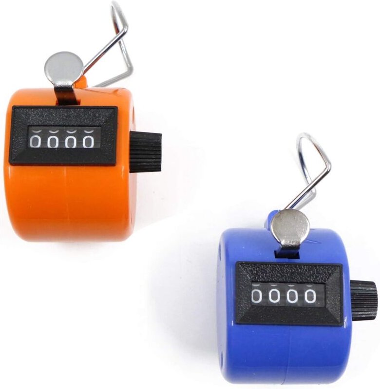4-stelliger Handzähler, 2er-Set, mechanischer Zähler ohne Batterie, orange und blau, 4,3 cm x 4,3 cm x 5,2 cm, 29 g,