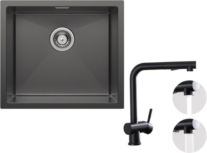 Cecipa Max - Unterbauspüle mit 1 Becken 50×44CM Edelstahlspüle Anthrazitschwarz + Küchenarmatur mit 2 Strahlarten Schwar...
