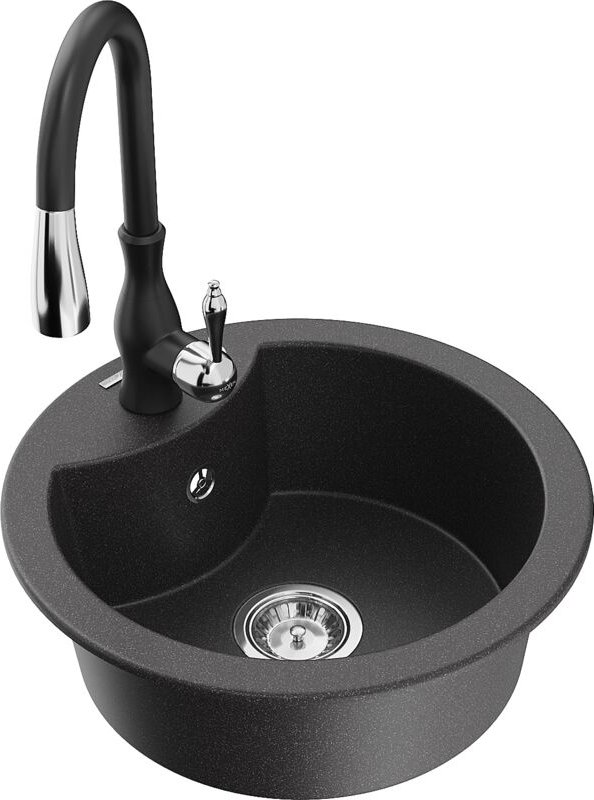 Diego 1-Becken-Granit-Spüle mit Mischbatterie Savita, Schwarz gesprenkelt - 6512-76-672601-70 - Mexen