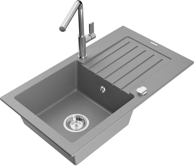 Pablo 1 Becken-Granitspüle mit Abtropffläche und Mischbatterie Flora, Grau - 6510-71-670401-00 - Mexen