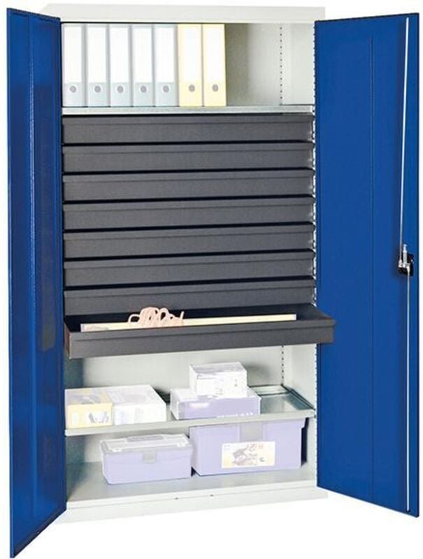 Werkzeug- und Materialschrank Serie 3000 lichtgrau / enzianblau + 8 Schublade 100 mm + 2 Auszugsböden durchgehend - 3008...