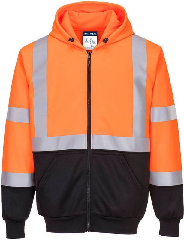 Thumbnail - Hochsichtbarer, zweifarbiger, zipbarer Kapuzen-Sweatshirt Orange/Schwarz 2XL