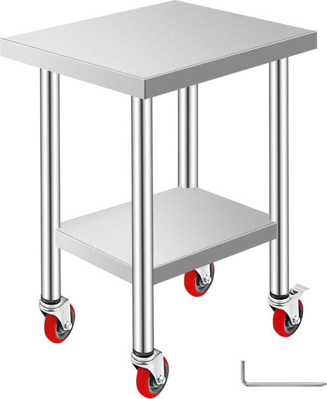 Mophorn - Edelstahl Arbeitstisch 24 x 18 x 34 Zoll 700 lbs Tragfähigkeit 4 Räder 3 einstellbare Höhe Ebenen Heavy Duty F...