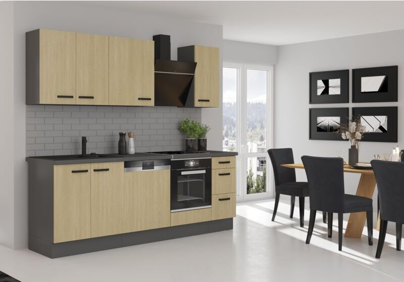 Küchen Preisbombe - Küche scandi Basic 240 cm Fischgrät Optik Küchenzeile Küchenblock Einbauküche