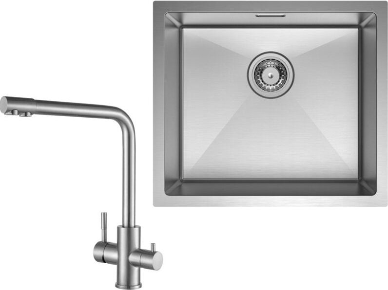 Thumbnail - Unterbauspüle mit 1 Becken 50×44CM Edelstahlspüle Gebürstete + Gebürstete Küchenarmatur 3 in 1 Spültischarmatur, Höhe 34...