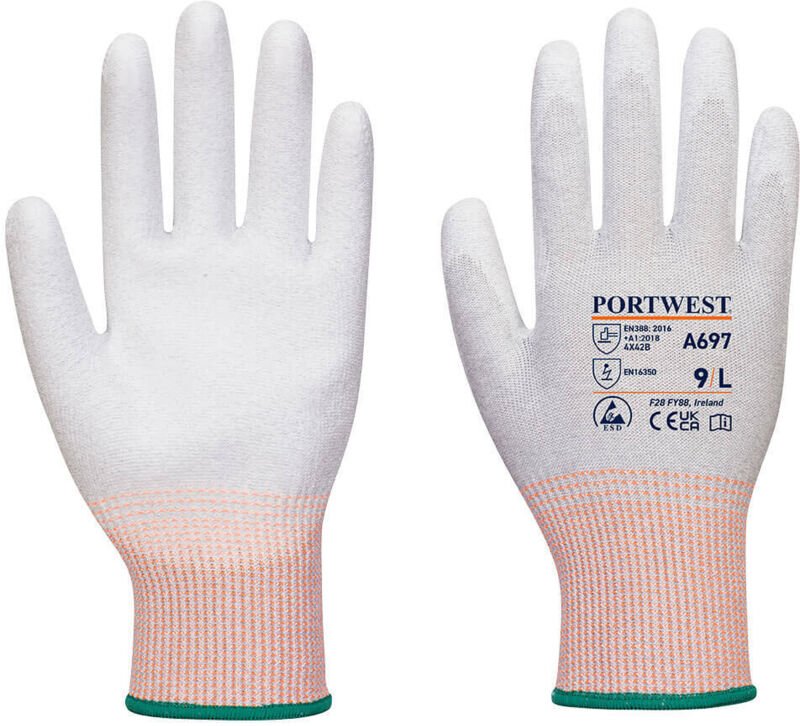 Pack mit 12 Paar Handschuhe mit beschichteter PU-PA-Palme ESD Grau/Weiß/Orange 2XL - Größe 11