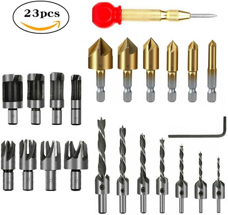 Sollbry - 23 Bohrwerkzeuge zum Anfasen von Holz, Holzbearbeitungs-Senkbohrer-Set inklusive 8-teiligem Holzsteckschlüssel...