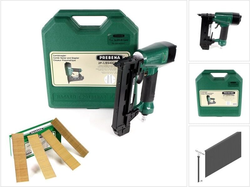Druckluftnagler 2P-J/ES 40 combi 5 bis 7 Bar - im Transportkoffer + j 30 cnkha Stauchkopfnägel Brads 30mm 5000 Stück - P...