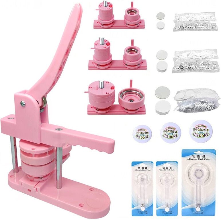 DEWIN DIY Pin Button Maker Maschine 25 mm/32 mm/58 mm Badge Punch Press mit 300 Stück Knopfteilen (Pink)