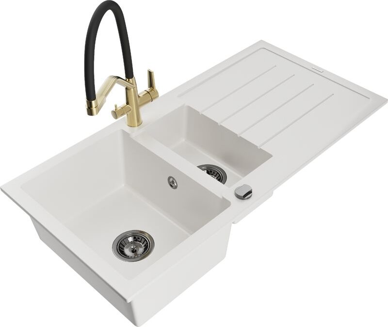 Andres 1,5-Becken-Granitspüle mit Abtropffläche und Mischbatterie Duo, Weiß - 6515-20-671701-5 - Mexen