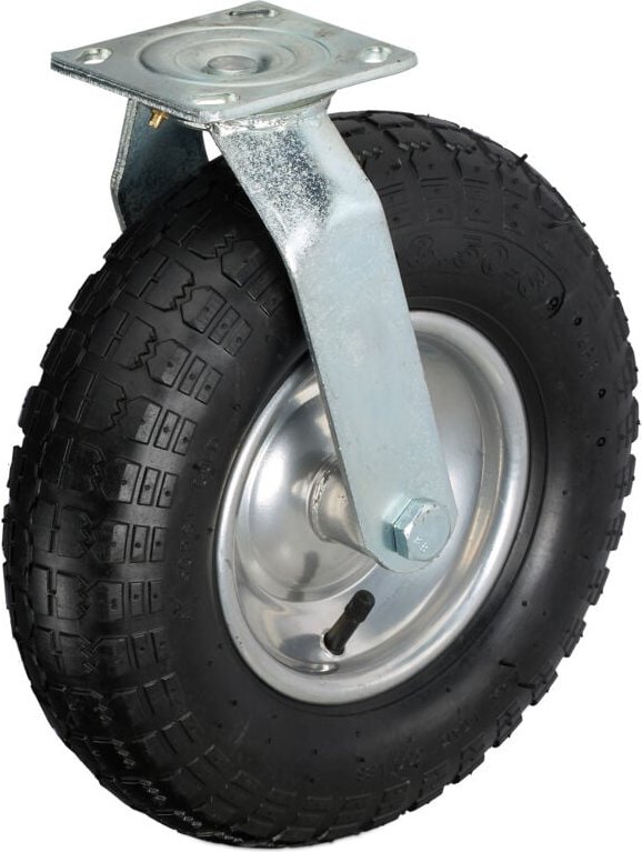 Relaxdays Lenkrolle, luftbereift, 3.50-6, Schwerlast-Transportrolle, Platte zum Anschrauben, bis 120 kg, schwarz/silber