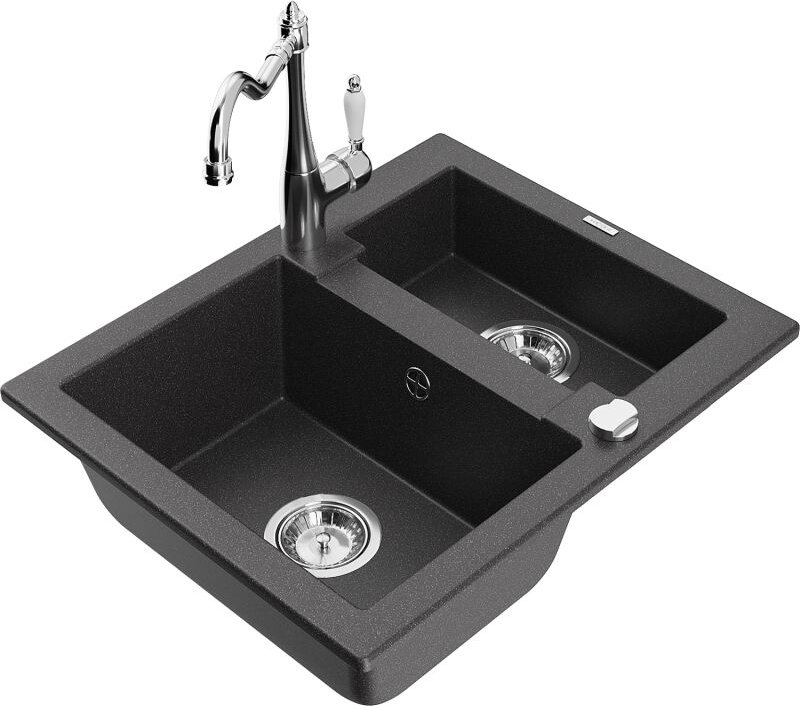 Carlos 1,5-Becken-Granitspüle mit Mischbatterie Carla, Schwarz gesprenkelt - 6518-76-670700-00 - Mexen