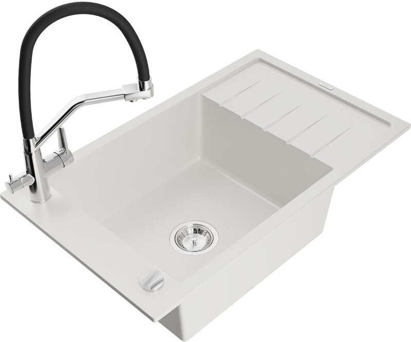 Elias 1 Becken-Granitspüle mit Abtropffläche und Mischbatterie Duo, Weiß - 6511-20-671701-07 - Mexen