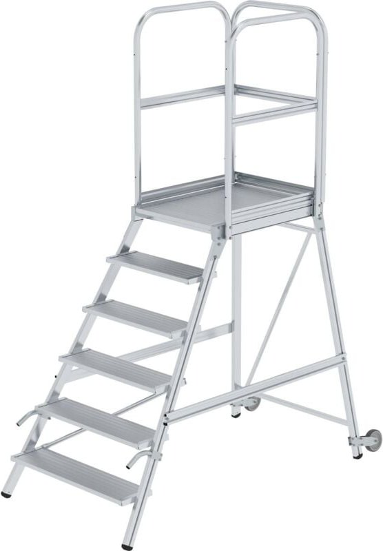 Günzburger Steigtechnik Podesttreppe einseitig begehbar mit Rollen & Griffen Aluminium geriffelt 6 Stufen - 056106