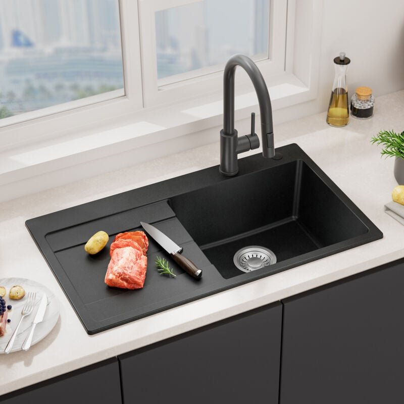 Cecipa Max - Granitspüle 78 x 45 cm Küchenspüle Granit, Einbauspüle mit Siphon Ab- und Überlaufgarnitur, Aufsatzspüle fü...
