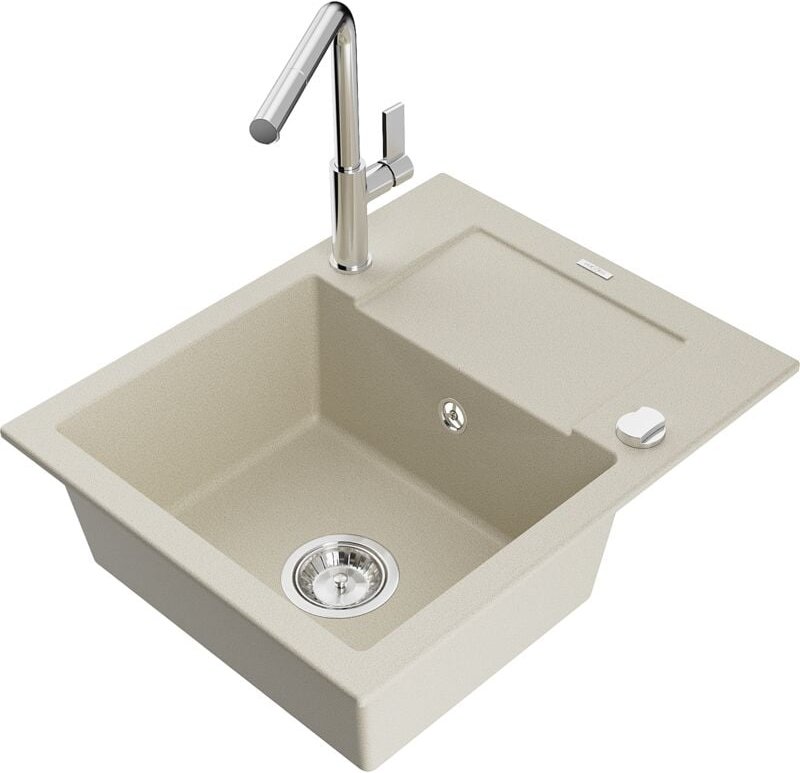 Enzo 1 Becken-Granitspüle mit Abtropffläche und Mischbatterie Flora, Beige - 6506-69-670401-00 - Mexen