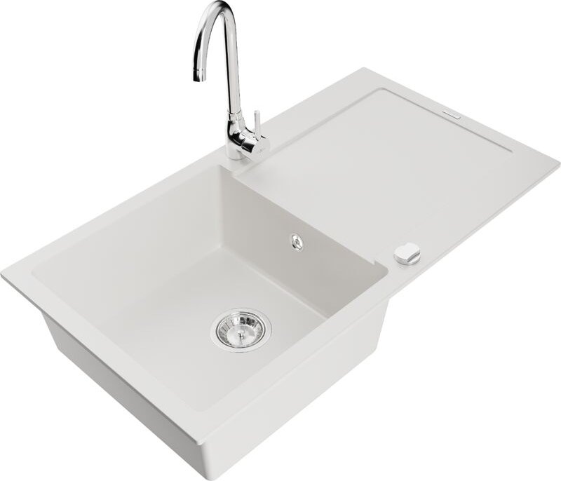 Leo 1 Becken-Granitspüle mit Abtropffläche und Mischbatterie Telma, Weiß - 6501-20-670200-00 - Mexen