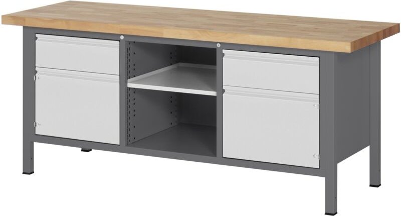 Höhenverstellbare Werkbank Premium, 2 Schubladen, 2 Türen & Fachboden, 200x70x84-104cm, Stahl und Buche - Stier