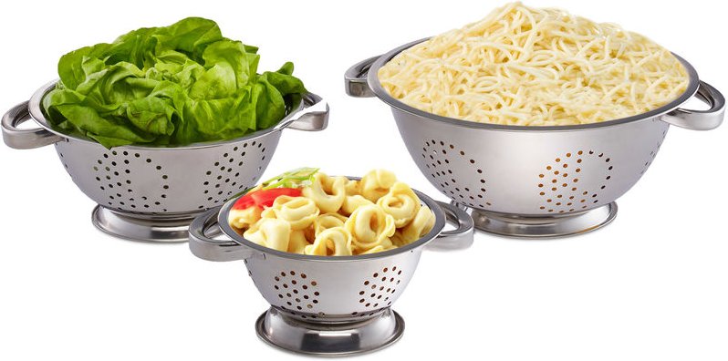 Sieb Set, 3 x Nudelsieb, Seiher ø 15 cm, 20 cm & 25 cm, Edelstahl rostfrei, mit Griffen, Abtropfsieb, silber - Relaxdays