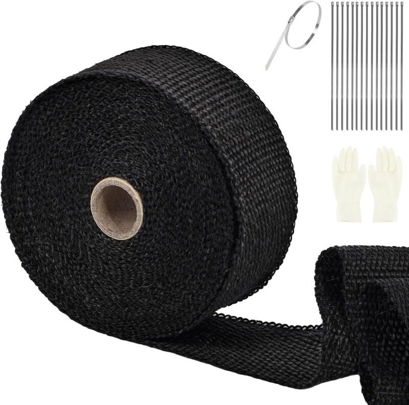 Wärmeband, 15 m x 50 mm, Abgaskrümmer-Isolierband, Wärmedämmband mit 10 Edelstahlbändern, für Motorradkrümmer und Auspuf...