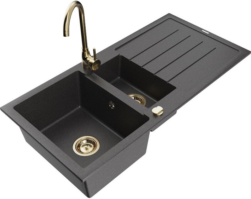 Mexen Andres 1,5-Becken-Granitspüle mit Abtropffläche und Mischbatterie Telma, Schwarz gesprenkelt - 6515-76-670200-50