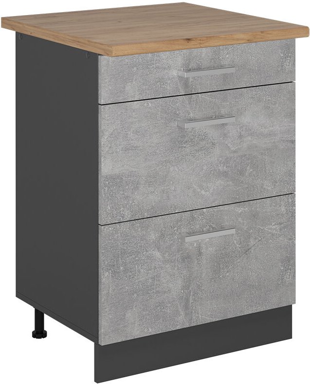 Küchenunterschrank R-Line, Beton, 60 cm mit Schubladen, AP Eiche, Vicco