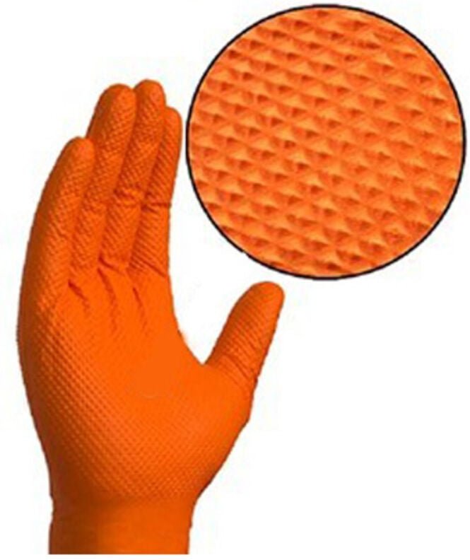 Schachtel mit 50 orangefarbenen Nitrilhandschuhen ohne Puder, beflockt tm gd26oc