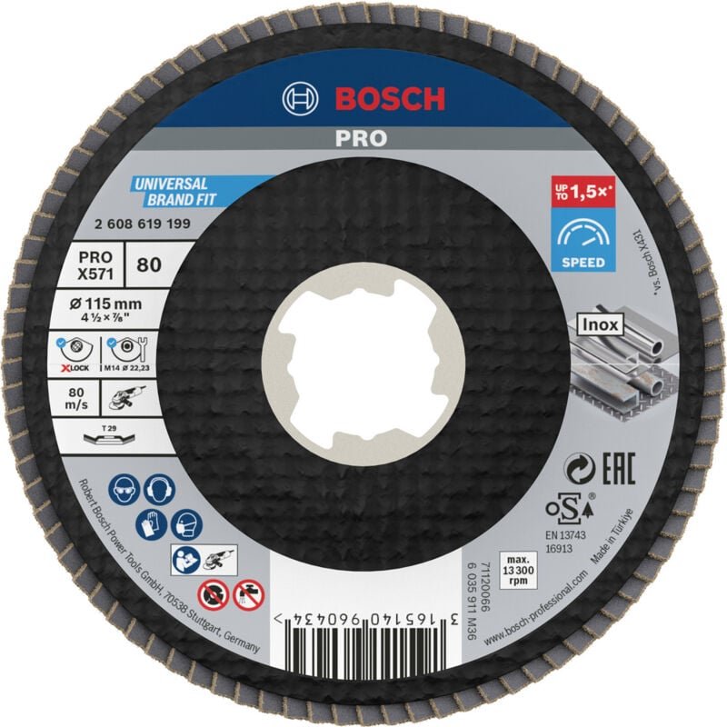 Bosch - pro X571 X-Lock Fächerschleifscheibe, 115 mm, G80, gewinkelt, Glasfaser