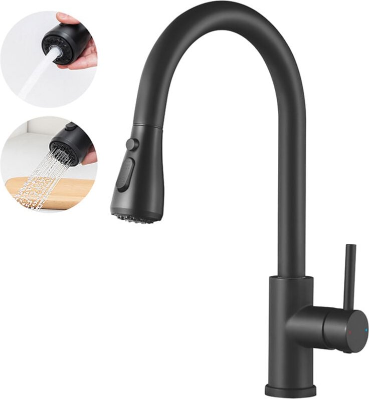 Schwarz Ausziehbare Küchenarmatur mit 2 Straharten, 360° Drehbar Küche Wasserhahn Hochdruck Spültischarmatur