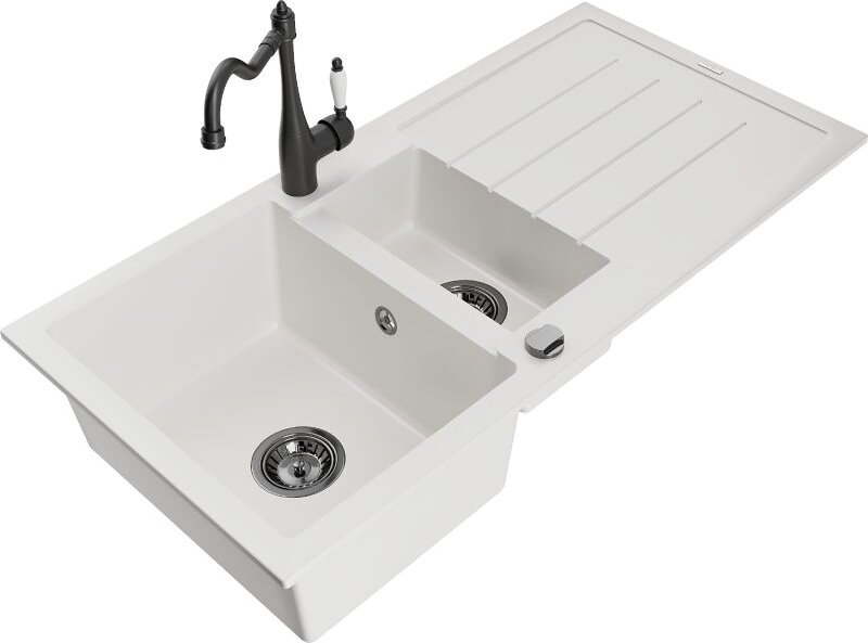 Andres 1,5-Becken-Granitspüle mit Abtropffl√§che und Mischbatterie Carla, Wei√ü - 6515-20-670700-70 - Mexen