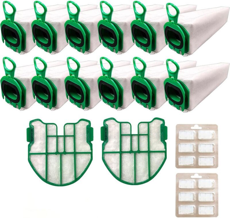 Staubsaugerbeutel-Set kompatibel für Vorwerk Folletto VB100 FP100 – 12 Beutel + 2 Motorfilter + 12 Düfte