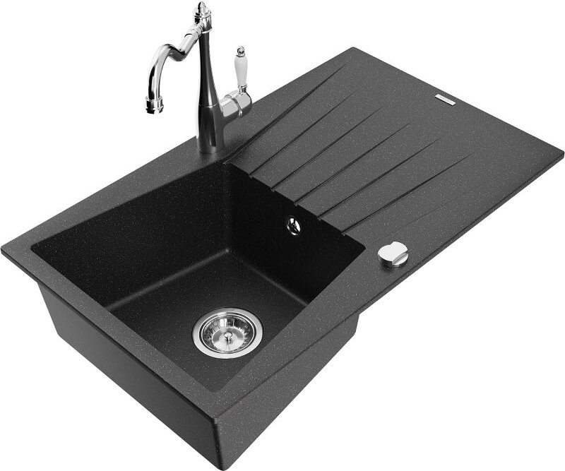 Cesar 1 Becken-Granitspüle mit Abtropffl√§che und Mischbatterie Carla, Schwarz/Silbermetallic - 6514-73-670700-00 - Mexe...