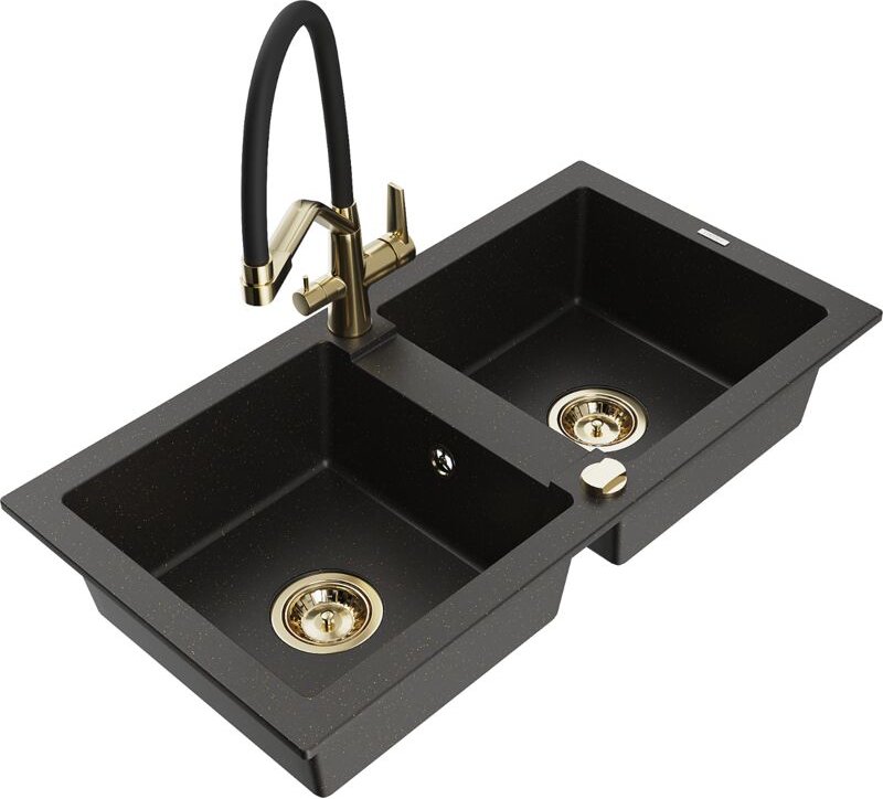 Mario 2-Becken-Granitspüle mit Mischbatterie Duo, Schwarz/Gold metallisch - 6504-75-671701-57- - Mexen
