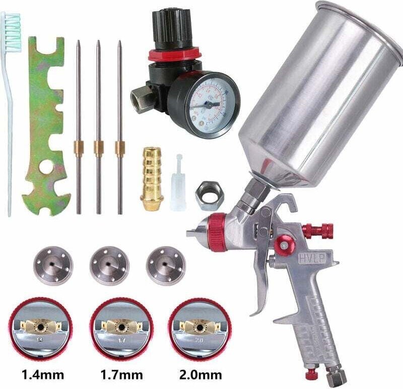 HVLP-Farbspritzpistolen-Set mit 1000-ccm-Aluminiumtank – 3 Düsen 1,4 mm, 1,7 mm und 2,0 mm (rot)