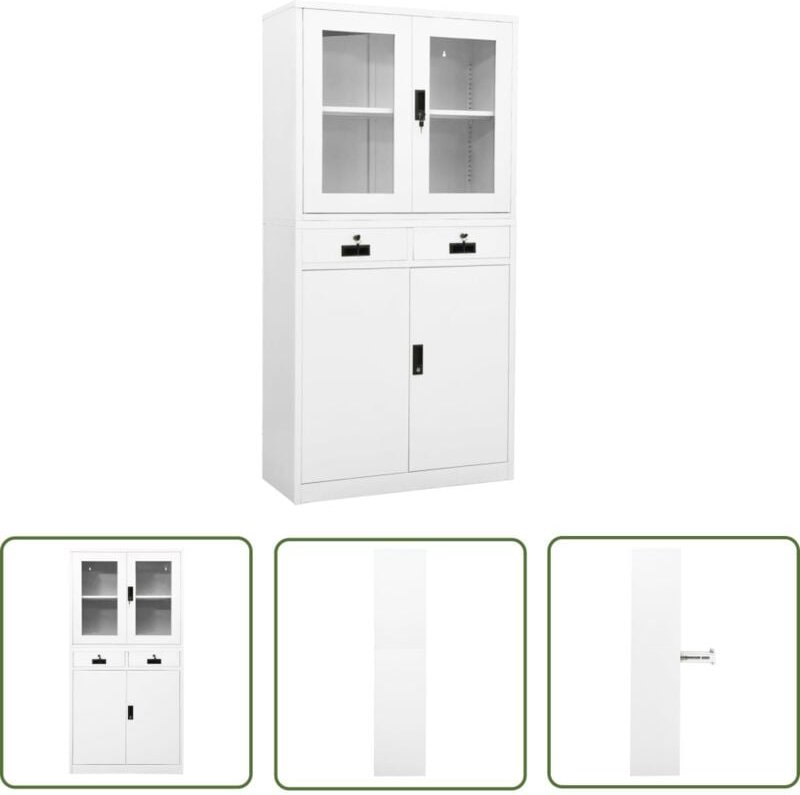 Büroschrank Weiß 90x40x180 cm Stahl und Hartglas - Büromöbel - Bürobedarf - Aktenschrank - Stauraum - Schreibtischschran...