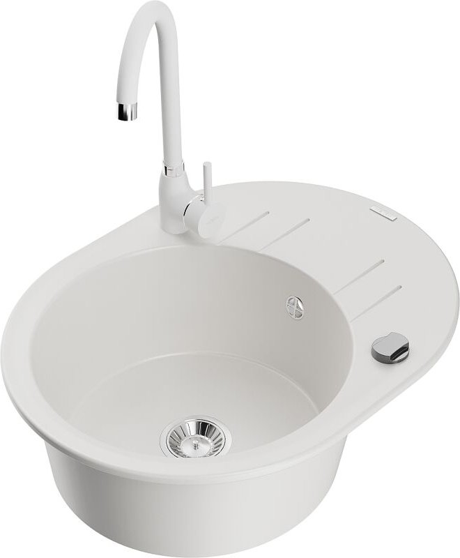 Kevin 1 Becken-Granitspüle mit Abtropffl√§che und Mischbatterie Telma, Wei√ü - 6517-20-670200-20 - Mexen