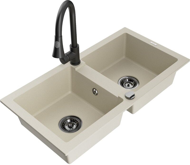 Mario 2-Becken-Granitspüle mit Mischbatterie Elia, Beige - 6504-69-670101-70 - Mexen