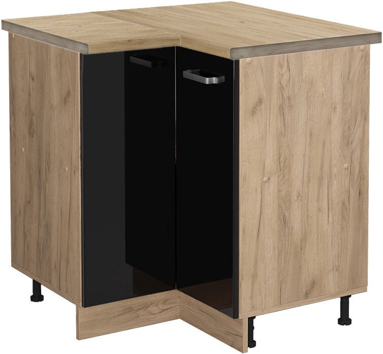 Vicco - Eckunterschrank R-Line, Schwarz Hochglanz, 75.6 cm, ap Eiche
