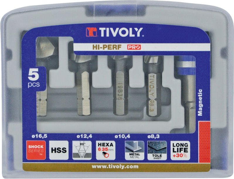 5-teiliges Boxset – 4 HSS-Senker 90° Sechskantschaft ø 8,3 bis 16,5 mm + 1 Bithalter - Tivoly
