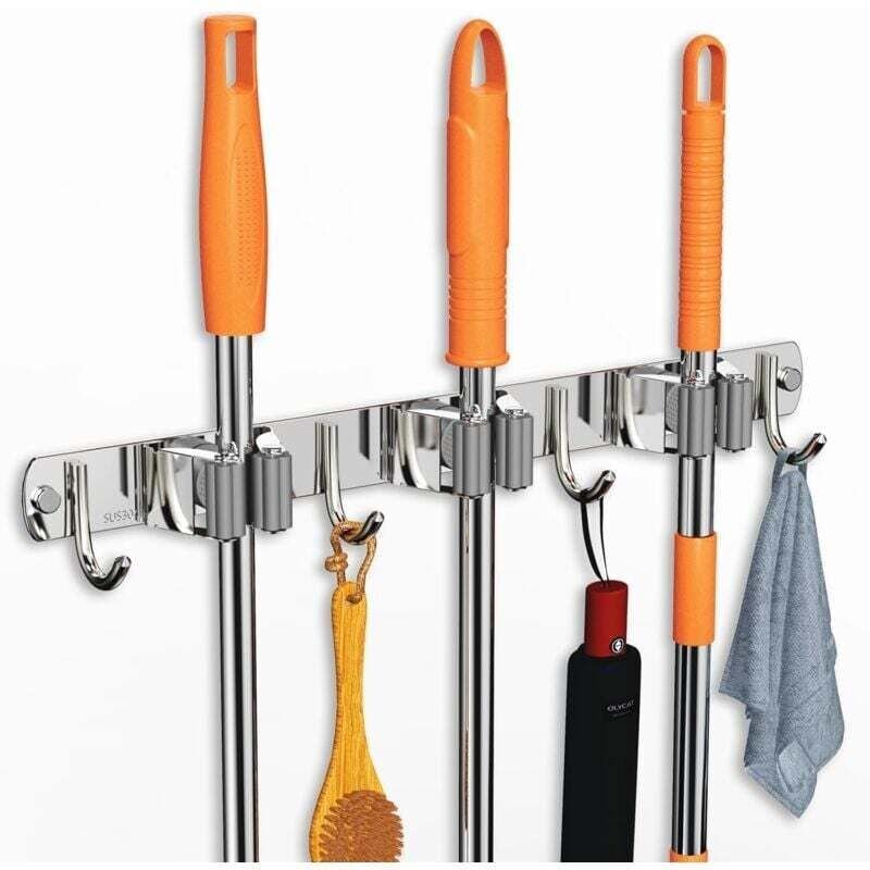 Thumbnail - Besenhalterung Wand Edelstahl Gerätehalter Selbstklebend 3 Halter und 4 Haken Werkzeughalter für Garten Garage Badezimme...