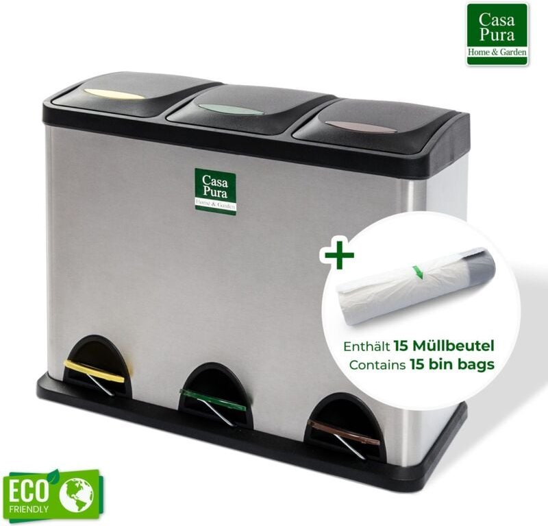 Casa Pura - Mülleimer Brandon Trennsystem 3 Kammern Inkl. Rolle Müllbeutel 3 x 8 Liter