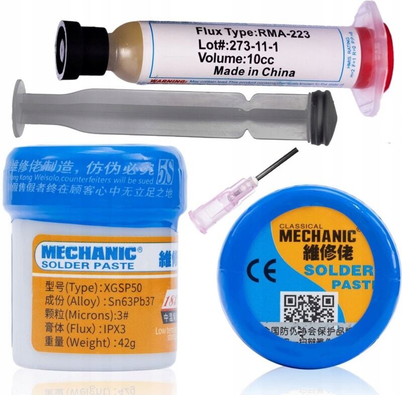Thumbnail - Rosfix Lötpaste (flüssiges Zinn) XGSP50 42g 183 + Rosfix Lötflussmittel RMA-223 mit Kolben und Nadel