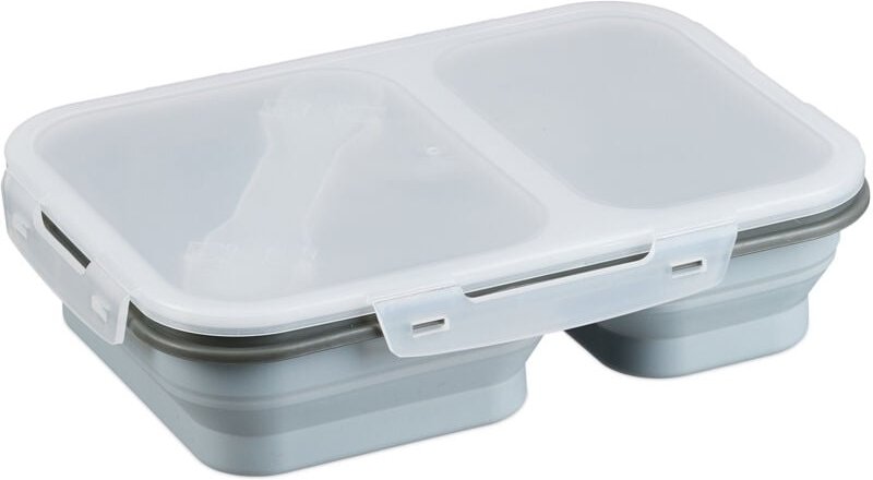 Relaxdays - Lunchbox, 2 Fächer, faltbar, mikrowellengeeignet, luftdicht, Silikon, Brotdose mit Besteck, Essensbox, grau