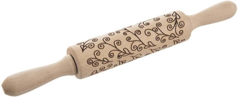 Rotary rolling pin for cake decoration with plant patterns in beech wood