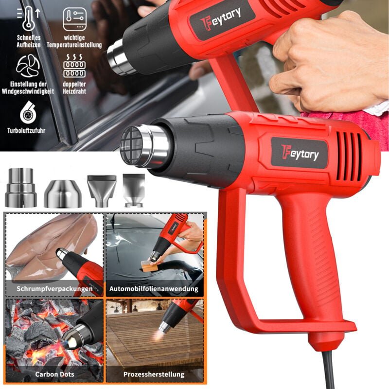 Heißluftpistole 2000W Heißluftfön 60-600℃ Heißluftgebläse 2 Stufen, inkl 4 Düsen